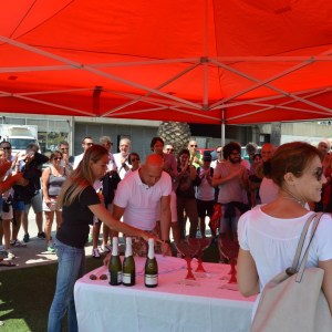 a group of people standing in front of a crowd