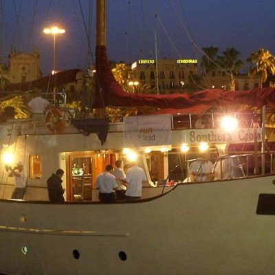 a boat docked at night