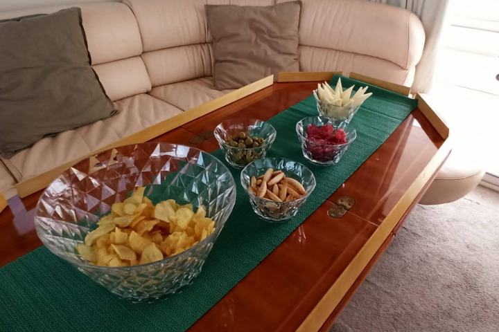 a close up of food on a sofa